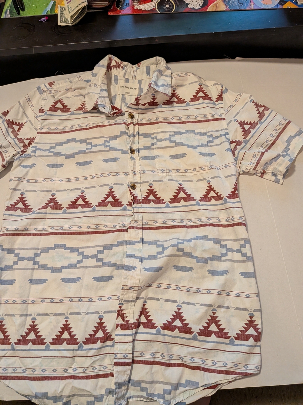 on the byas Men's Short Sleeve Button-Up Shirt in Cream, Rust & Light Blue